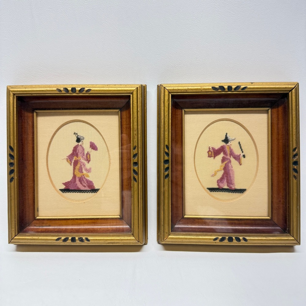 Vintage Windsor Framed Needlepoint Art Pair Chinoiserie Figures Gold Wood Frame
